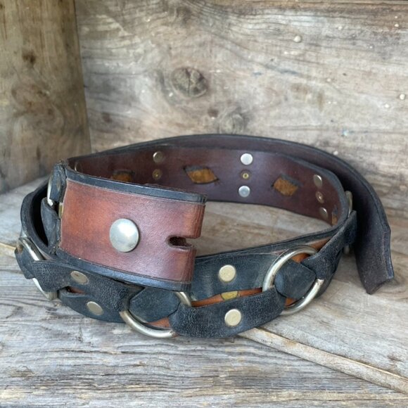 Vintage Biker Motorcycle Belt Leather Strap Black /  Brown with Rings & Rivets - Picture 2 of 14
